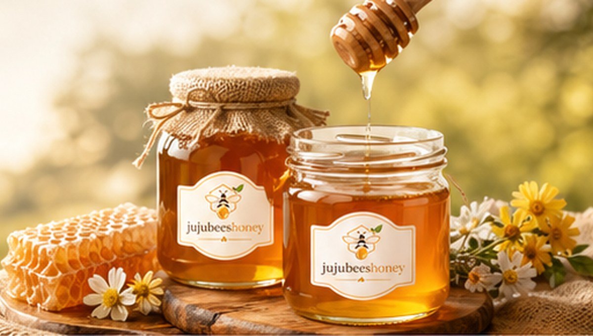 Golden honey jars with honey dipper